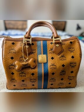 MCM Cognac Leather Boston Bag  Neutral Interior Blue Racing Stripes Excellent!